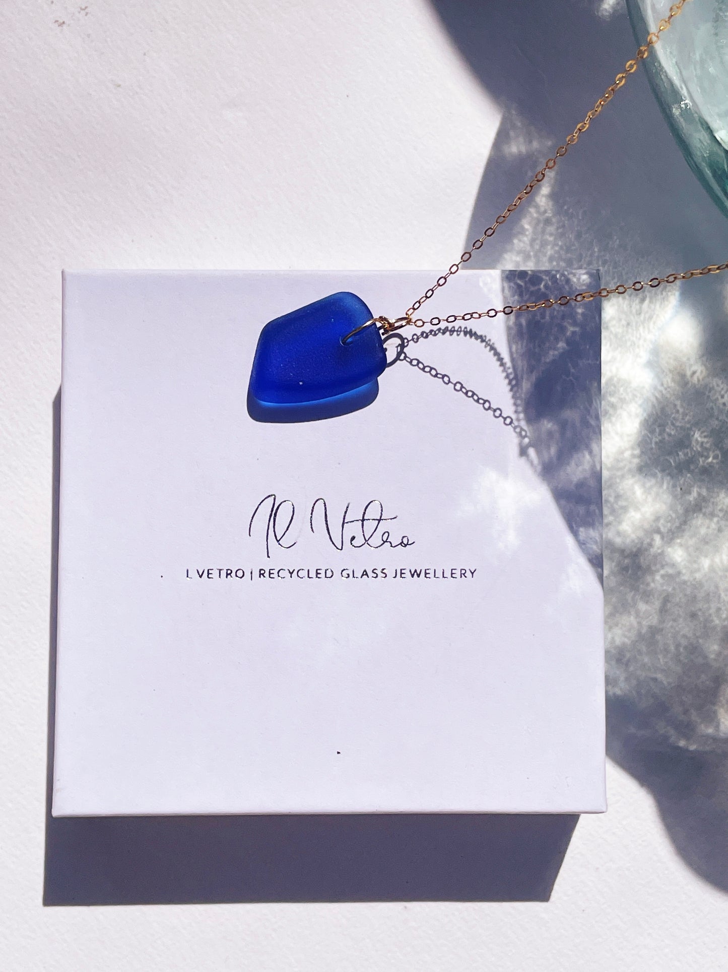 Authentic Dark Blue Sea-Glass Pendant Necklace with 14k Gold Filled Chain | Handmade and Unique