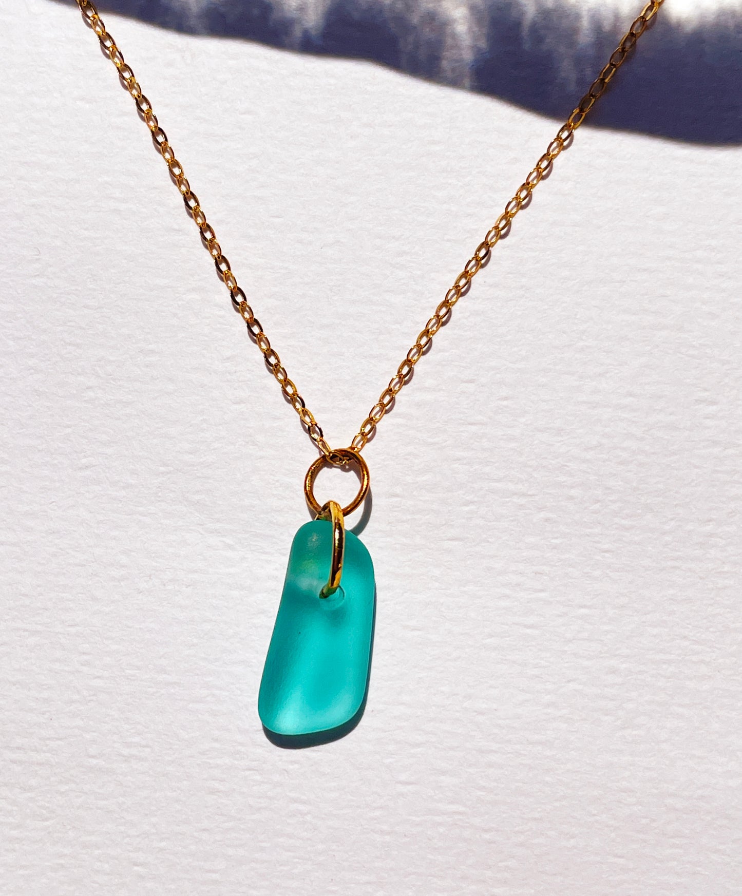 Authentic Teal Sea-Glass Pendant Necklace with 14k Gold Filled Chain | Handmade and Unique