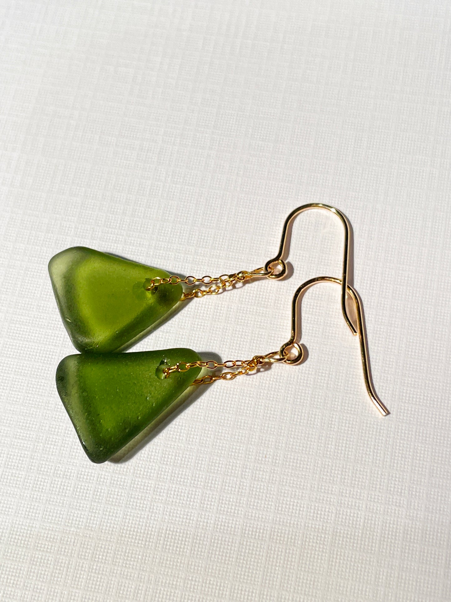 Green Sea-Glass Drop Earrings with 14k Gold Filled Chain | Handmade and Unique