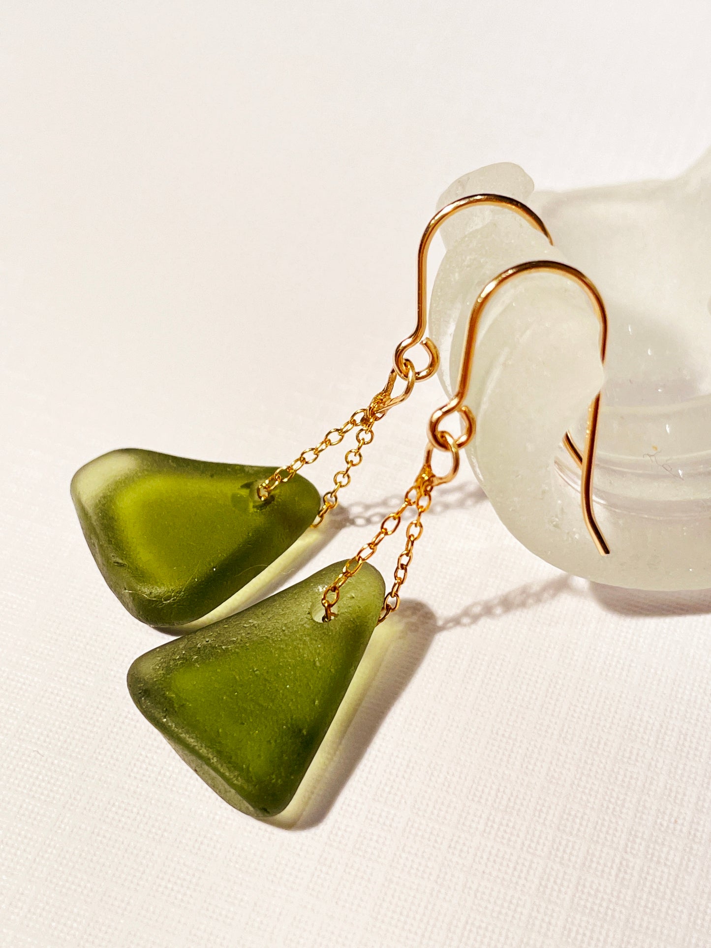 Green Sea-Glass Drop Earrings with 14k Gold Filled Chain | Handmade and Unique