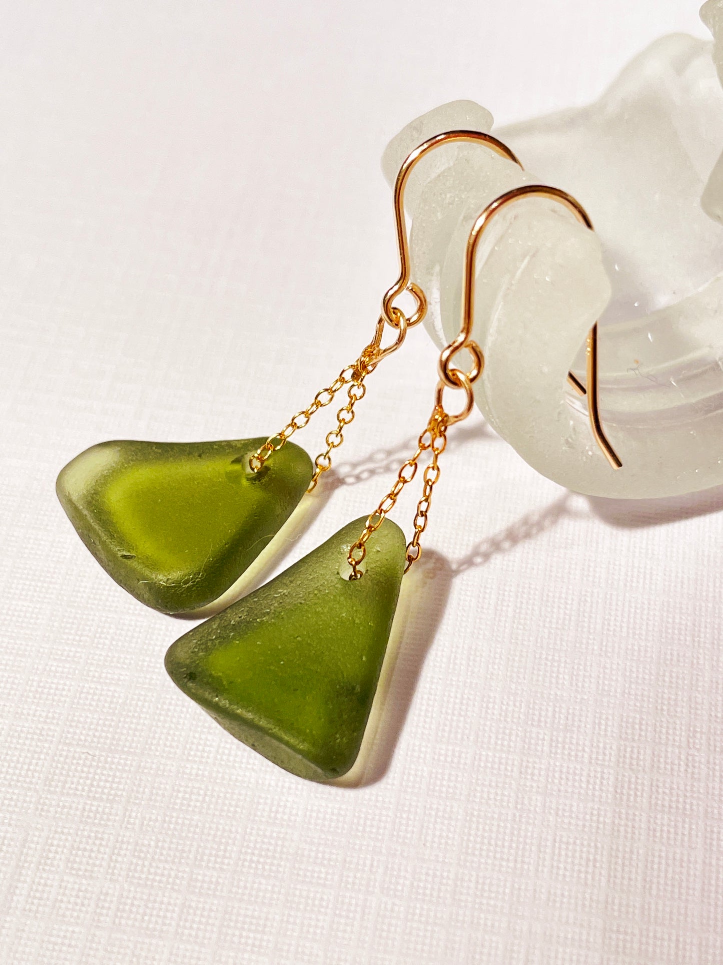 Green Sea-Glass Drop Earrings with 14k Gold Filled Chain | Handmade and Unique