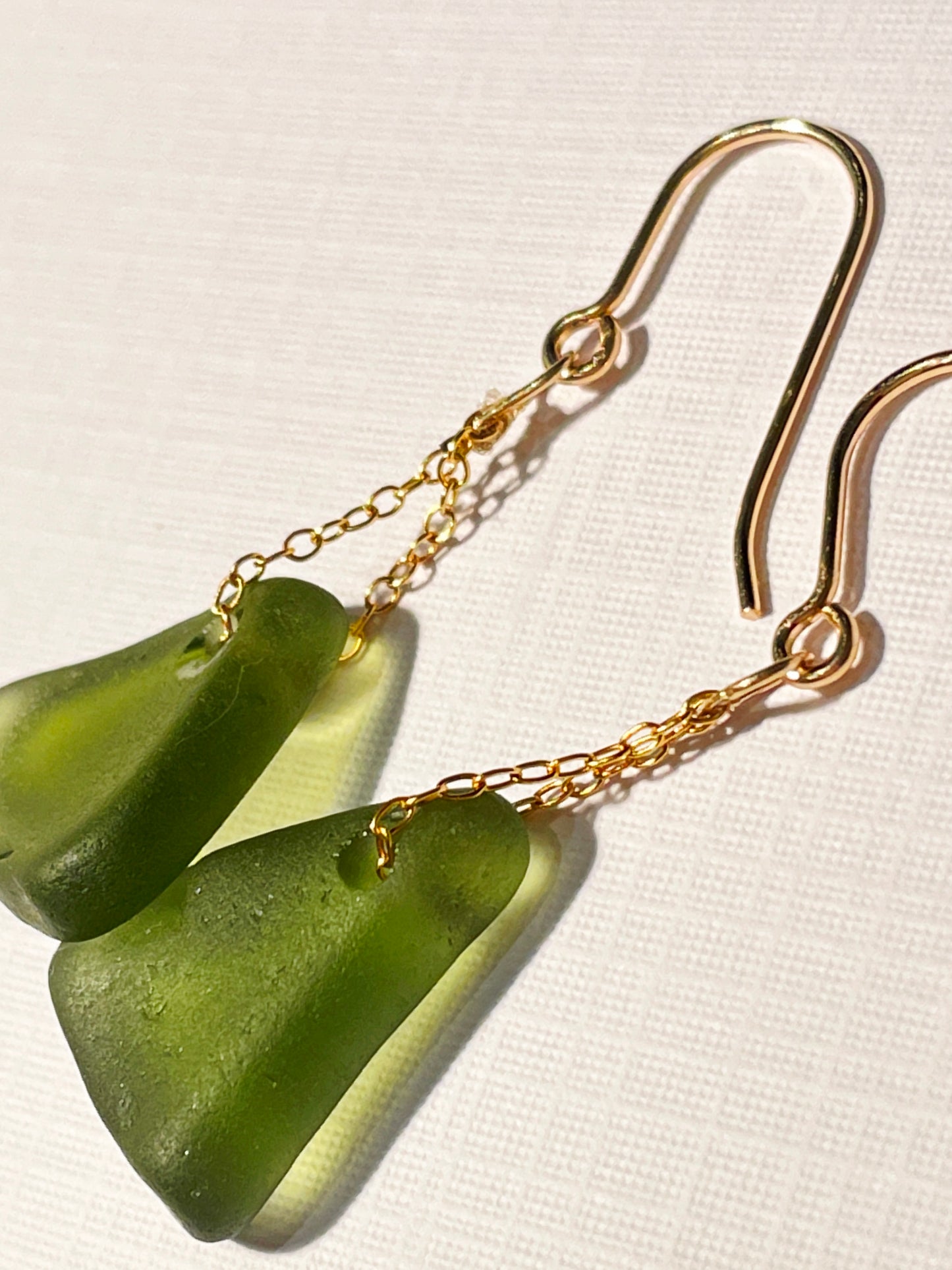 Green Sea-Glass Drop Earrings with 14k Gold Filled Chain | Handmade and Unique