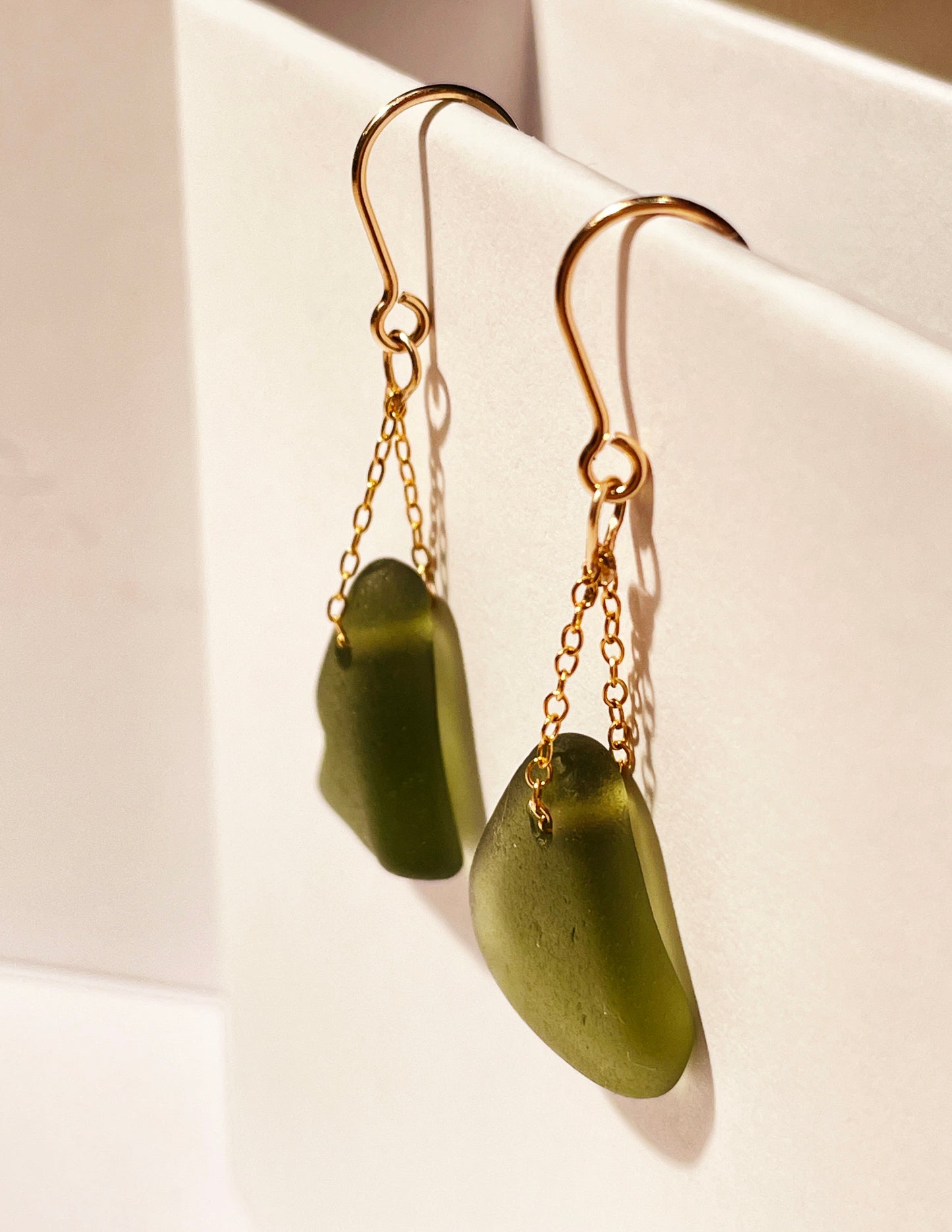 Green Sea-Glass Drop Earrings with 14k Gold Filled Chain | Handmade and Unique