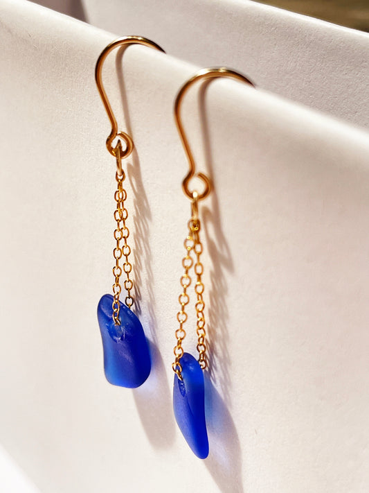 Dark Blue Seaglass Drop Earrings in 14 C Gold