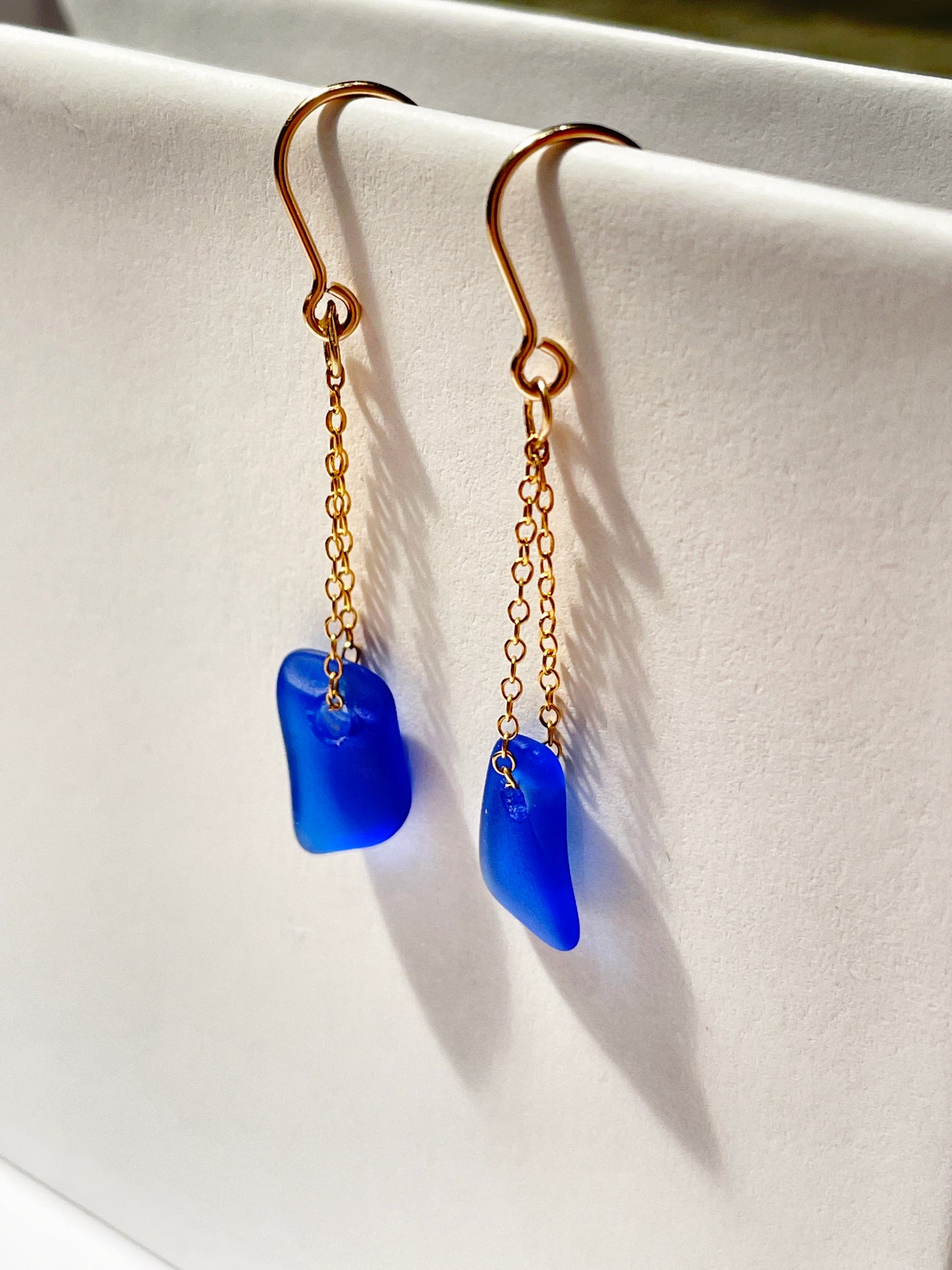 Dark Blue Sea-Glass Drop Earrings with 14k Gold Filled Chain | Handmade and Unique