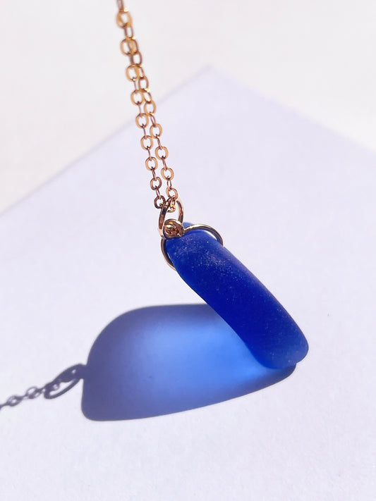 Authentic Sea-Glass Dark Blue Pendant on 14 C Gold Filled Chain