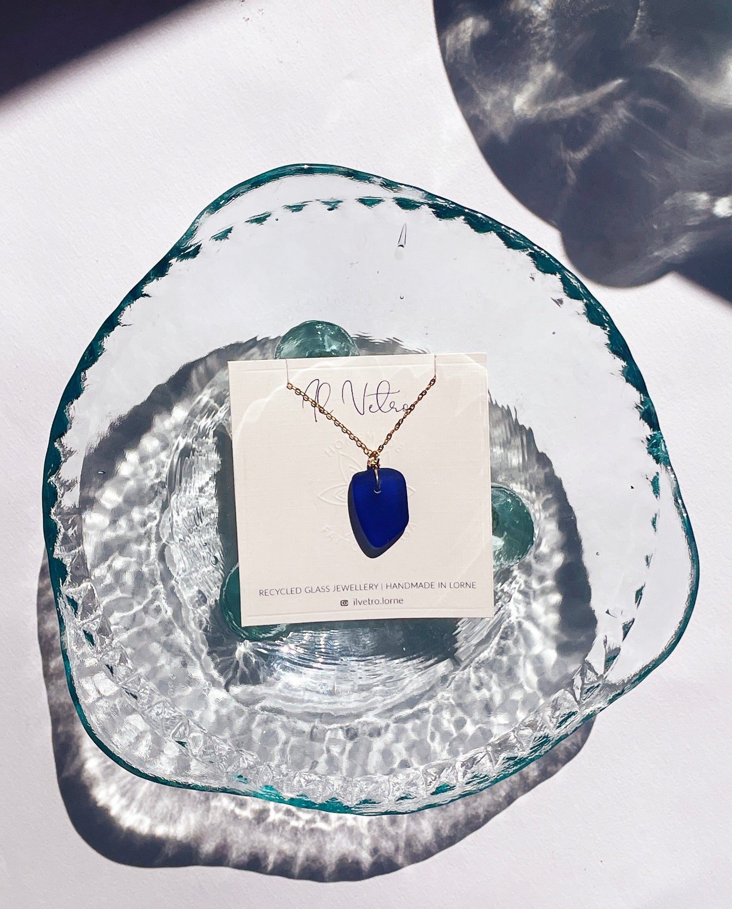 Authentic Dark Blue Sea-Glass Pendant Necklace with 14k Gold Filled Chain | Handmade and Unique
