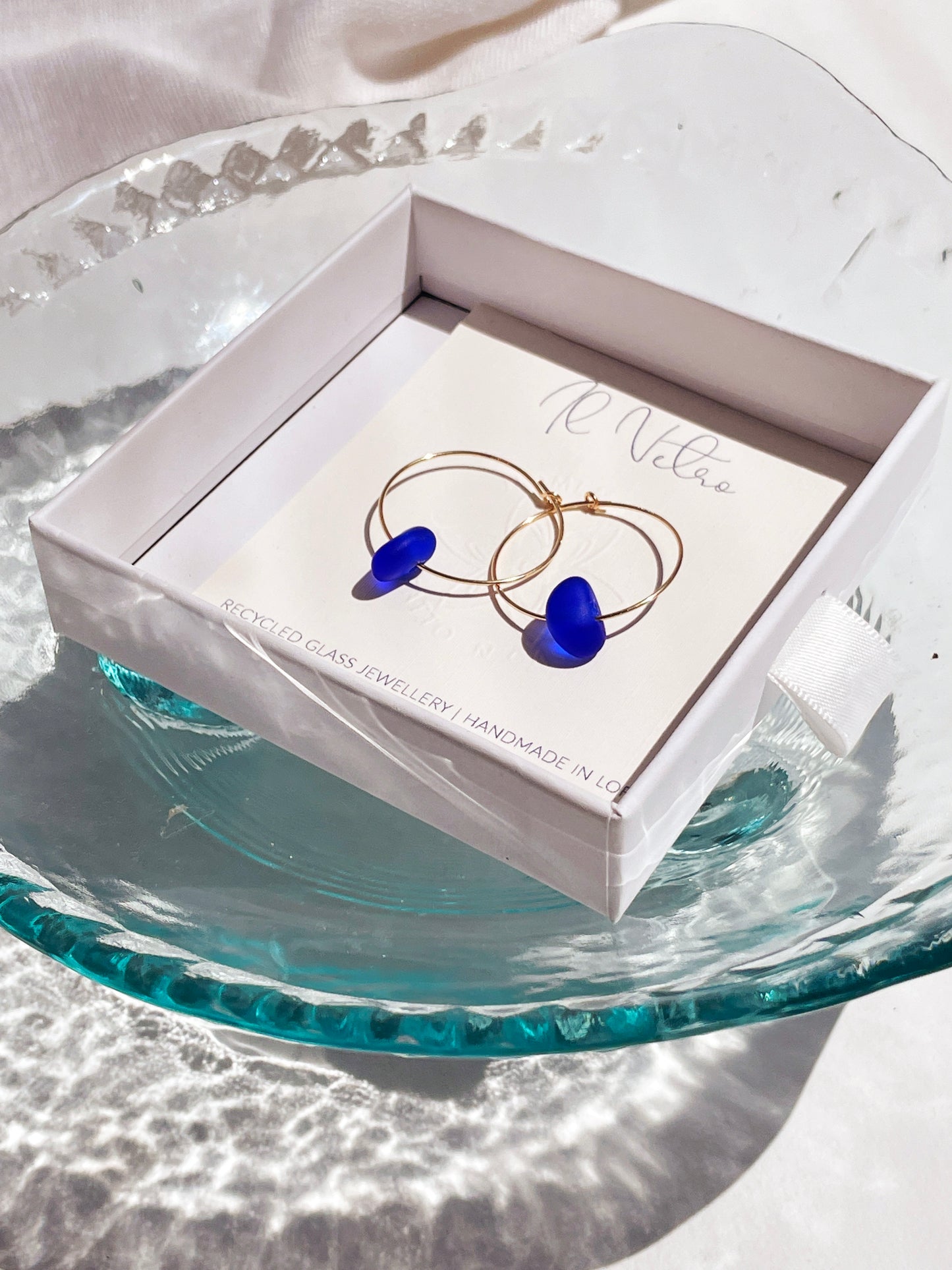 Cobalt Blue Sea-Glass Hoop Earrings with 14k Gold Wire Hoops | Handmade and Unique