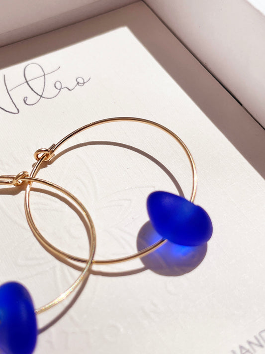 Cobalt Blue Sea-Glass Hoop Earrings with 14 C Gold Wire Hoops