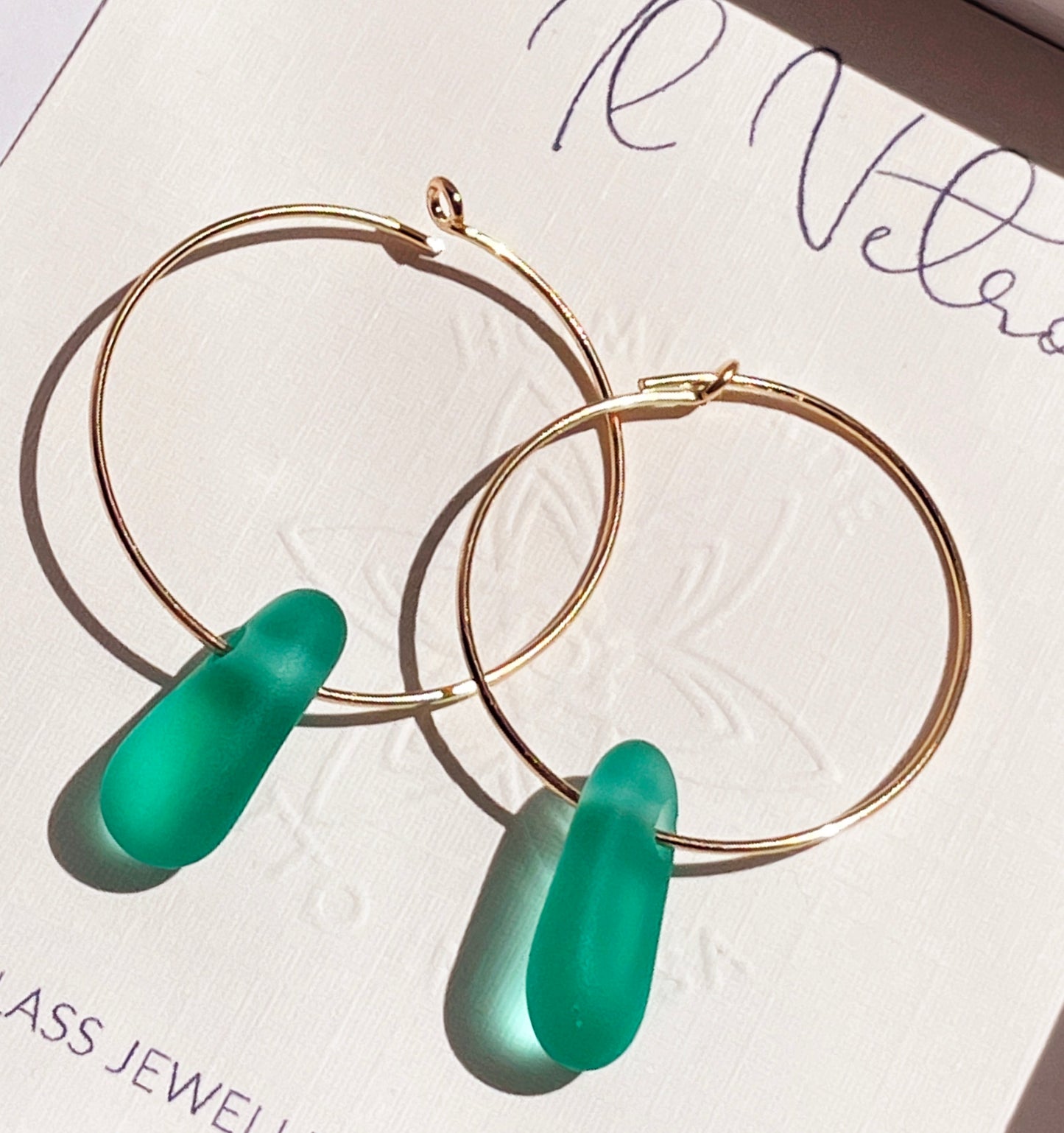 Teal Sea-Glass Hoop Earrings with 14k Gold Wire Hoops | Handmade and Unique