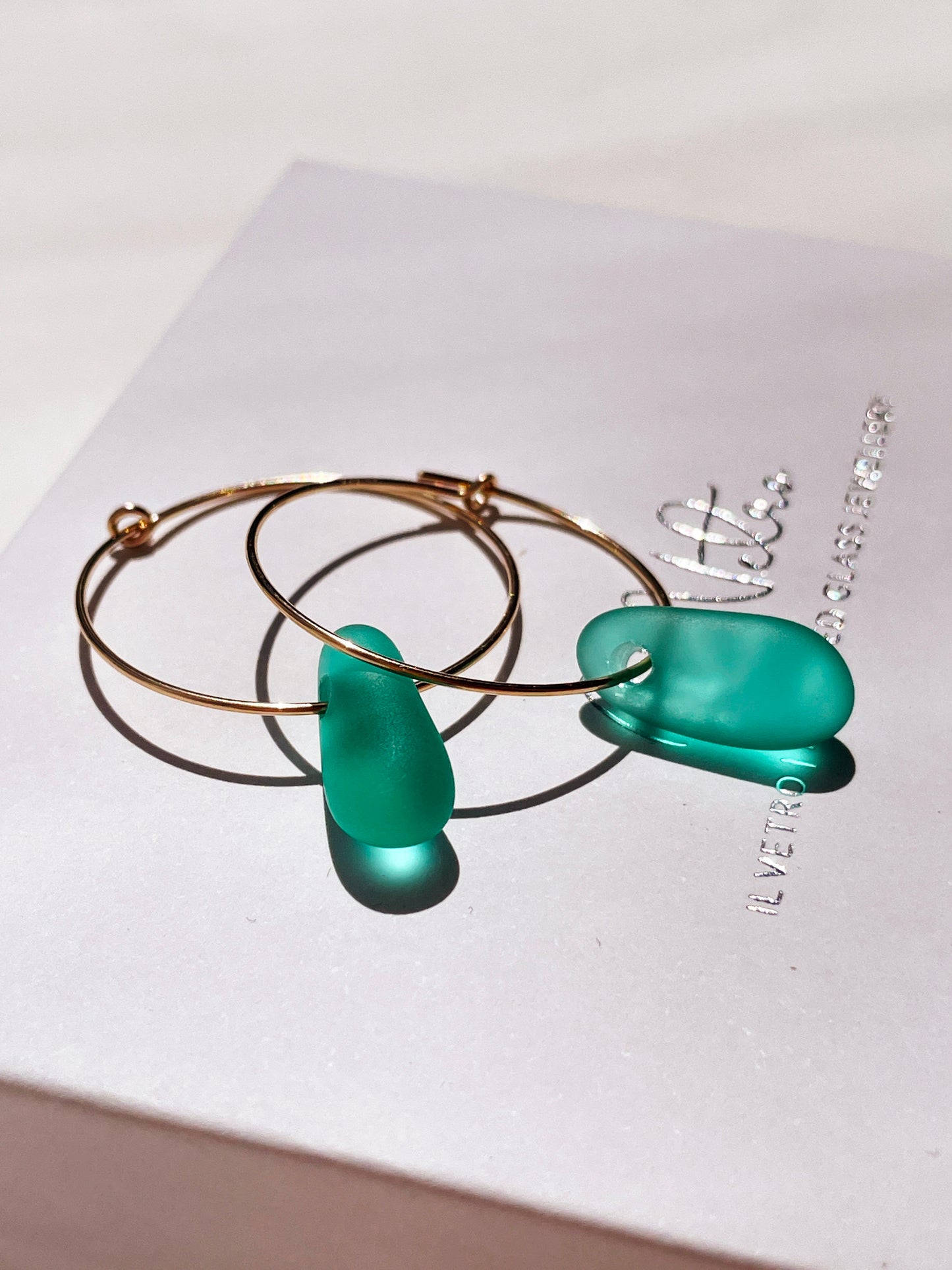 Teal Sea-Glass Hoop Earrings with 14k Gold Wire Hoops | Handmade and Unique