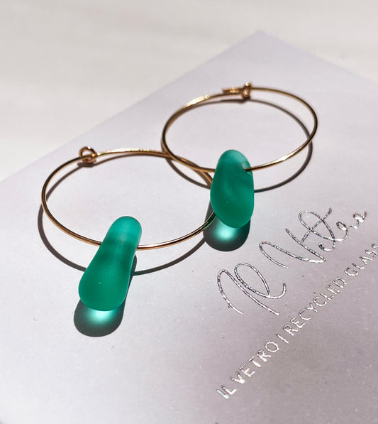 Teal Sea-Glass Hoop Earrings with 14k Gold Wire Hoops | Handmade and Unique