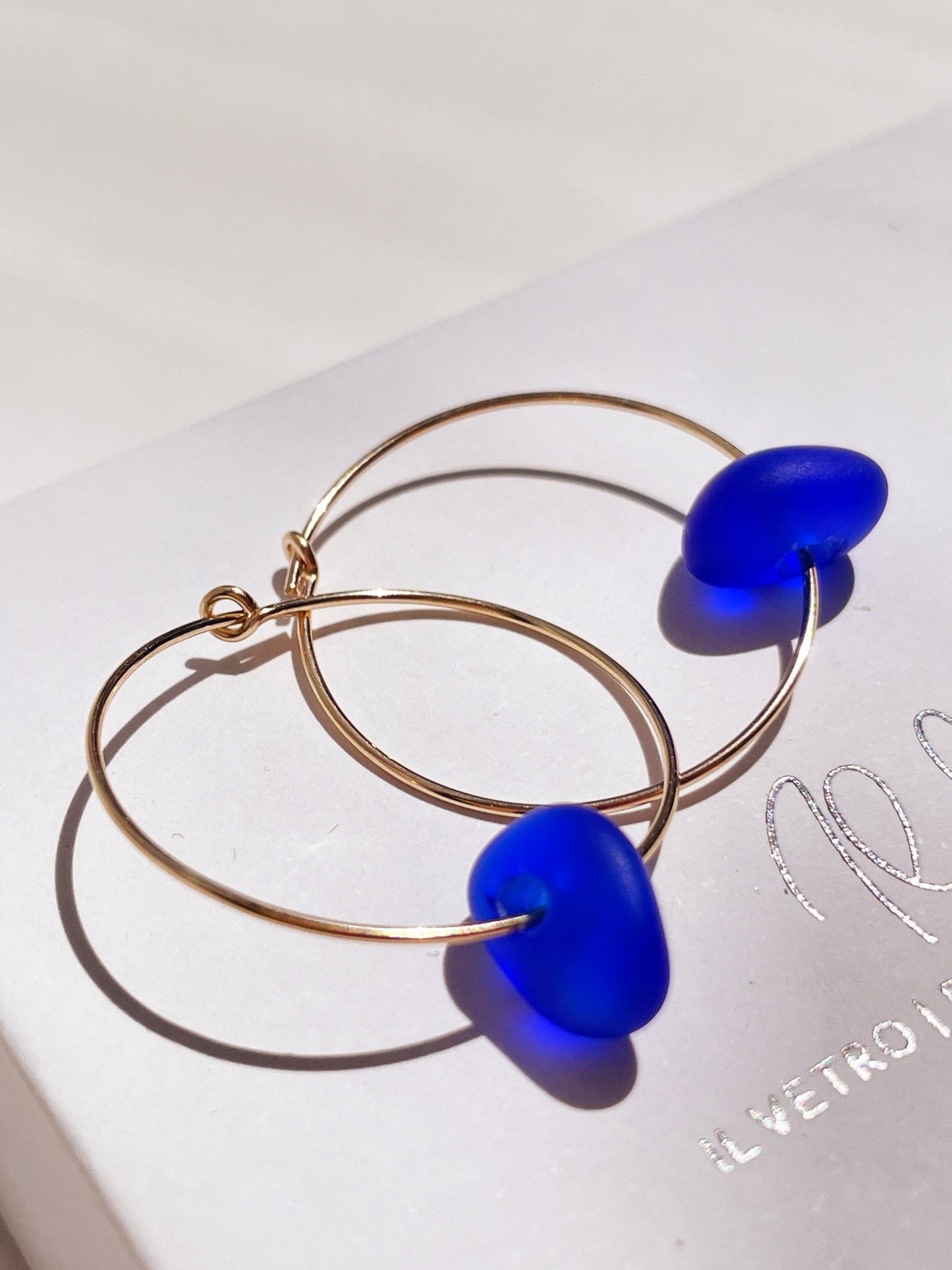 Cobalt Blue Sea-Glass Hoop Earrings with 14k Gold Wire Hoops | Handmade and Unique