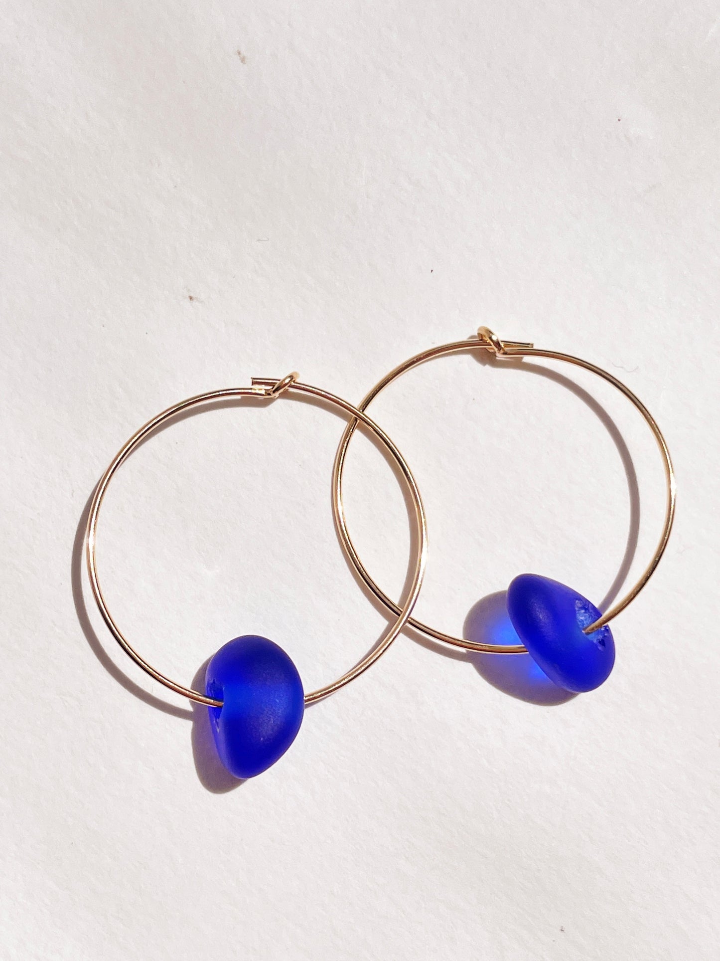 Cobalt Blue Sea-Glass Hoop Earrings with 14k Gold Wire Hoops | Handmade and Unique