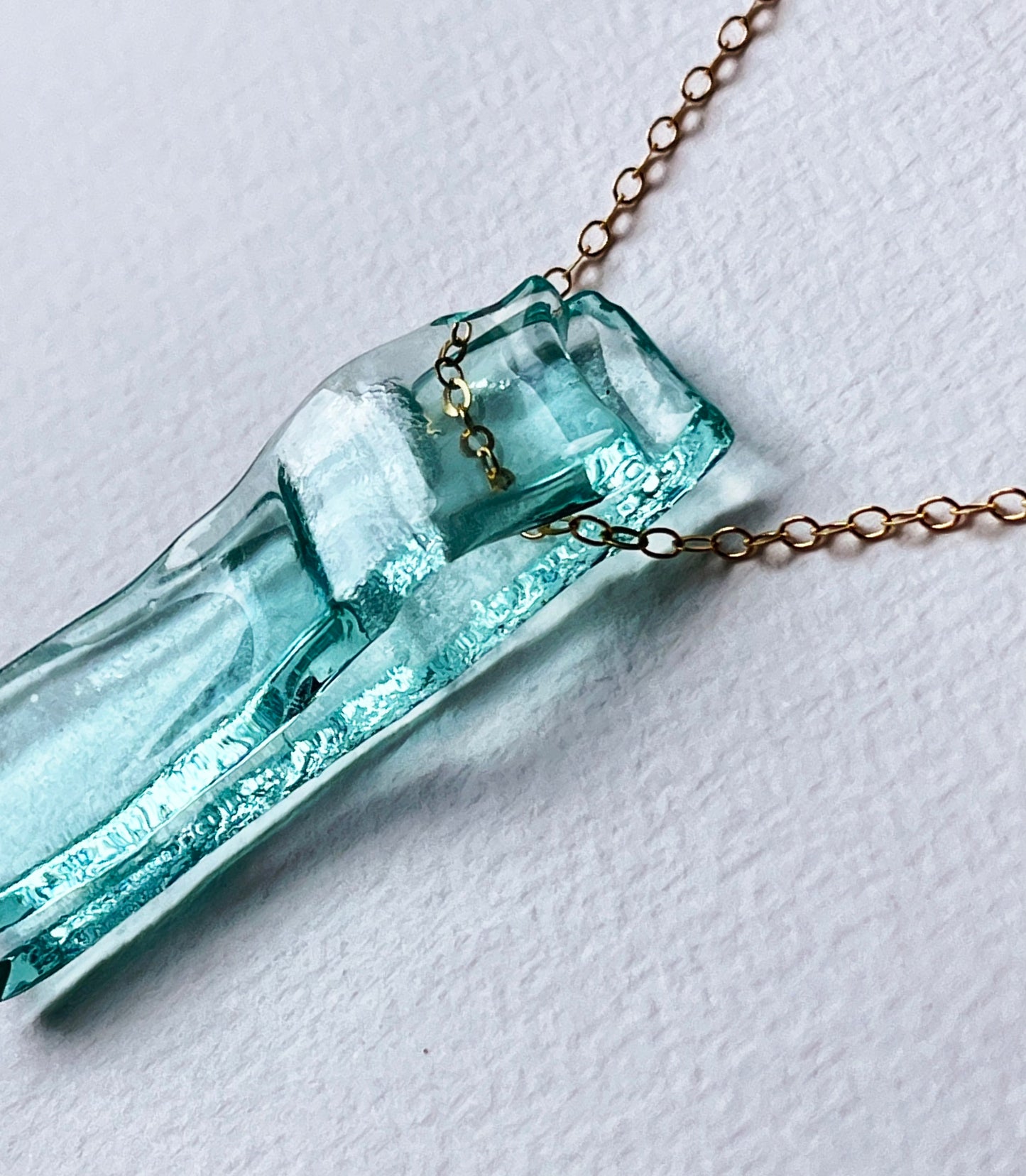 Recycled Gin Bottle Glass Pendant Necklace with 14k Gold Filled Chain | Handmade and Sustainable