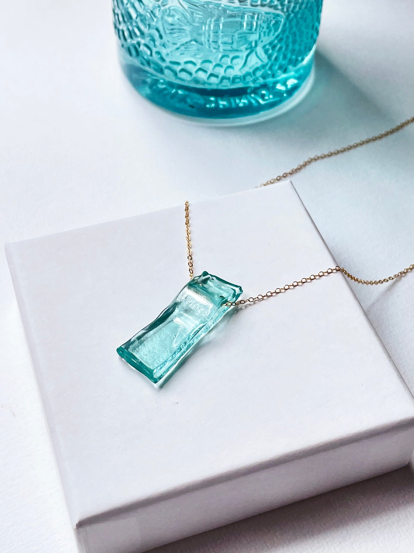 Recycled Gin Bottle Glass Pendant Necklace with 14k Gold Filled Chain | Handmade and Sustainable