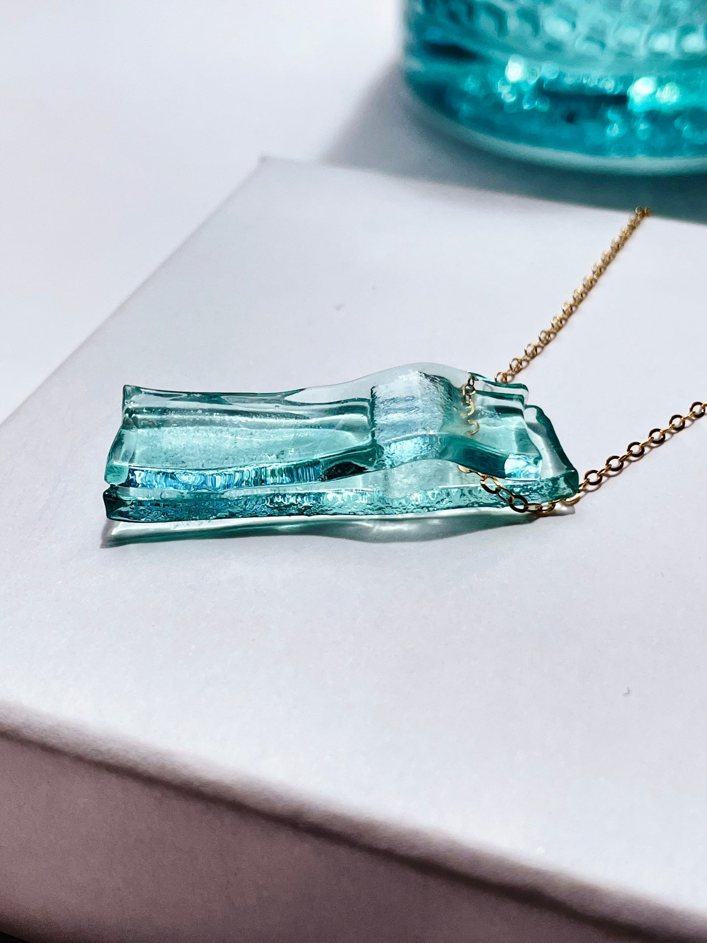 Recycled Gin Bottle Glass Pendant Necklace with 14k Gold Filled Chain | Handmade and Sustainable