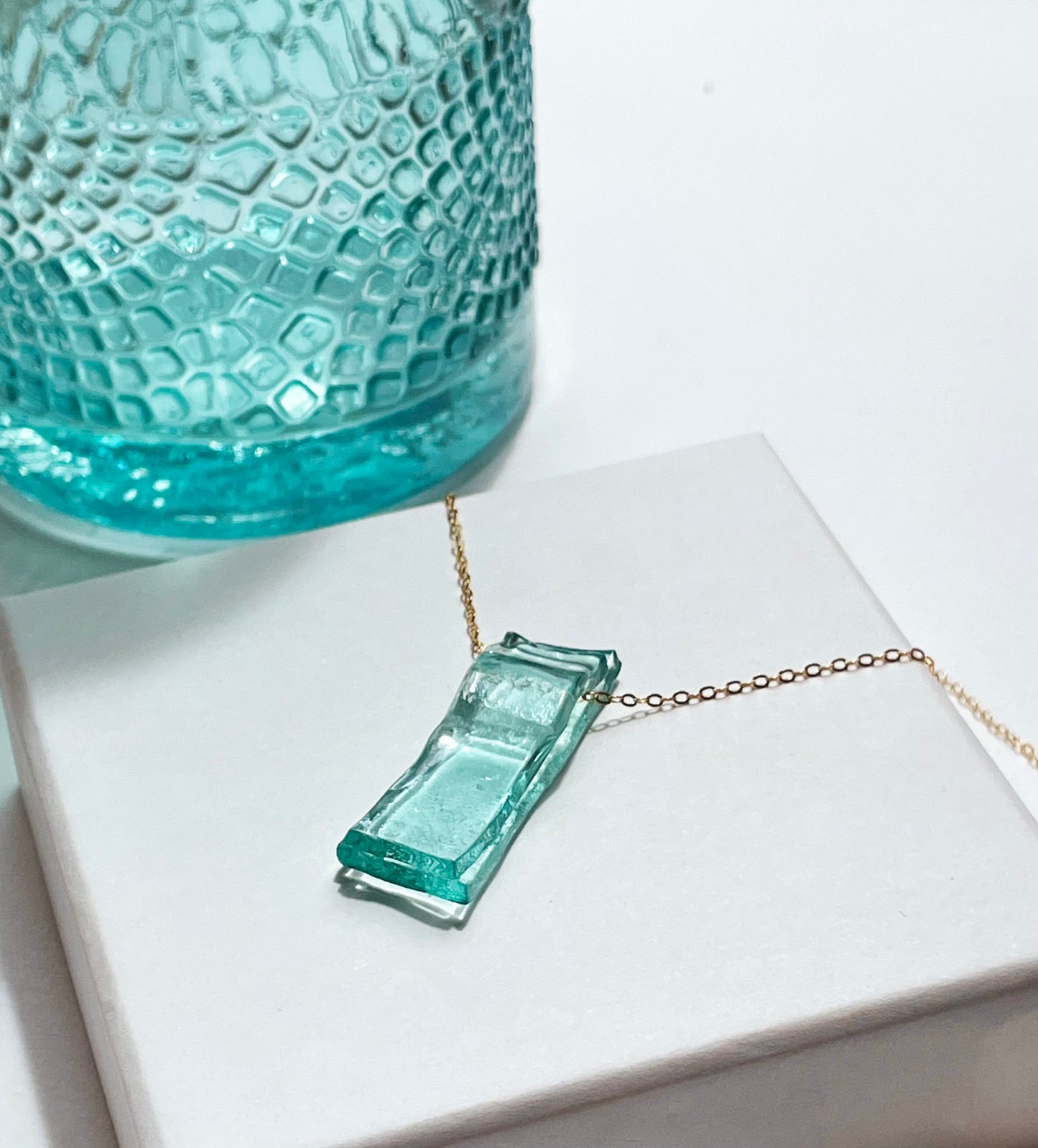 Recycled Gin Bottle Glass Pendant Necklace with 14k Gold Filled Chain | Handmade and Sustainable