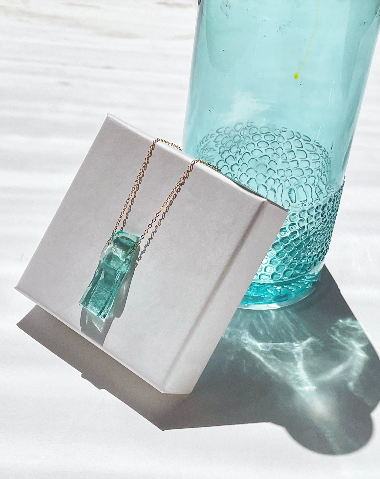 Recycled Gin Bottle Glass Pendant Necklace with 14k Gold Filled Chain | Handmade and Sustainable