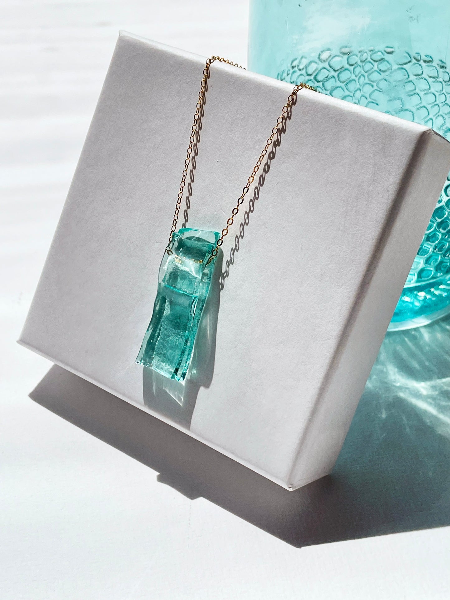 Recycled Gin Bottle Glass Pendant Necklace with 14k Gold Filled Chain | Handmade and Sustainable