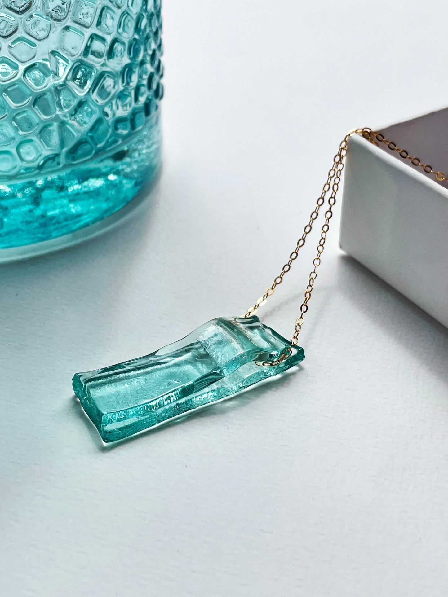 Recycled Gin Bottle Glass Pendant Necklace with 14k Gold Filled Chain | Handmade and Sustainable