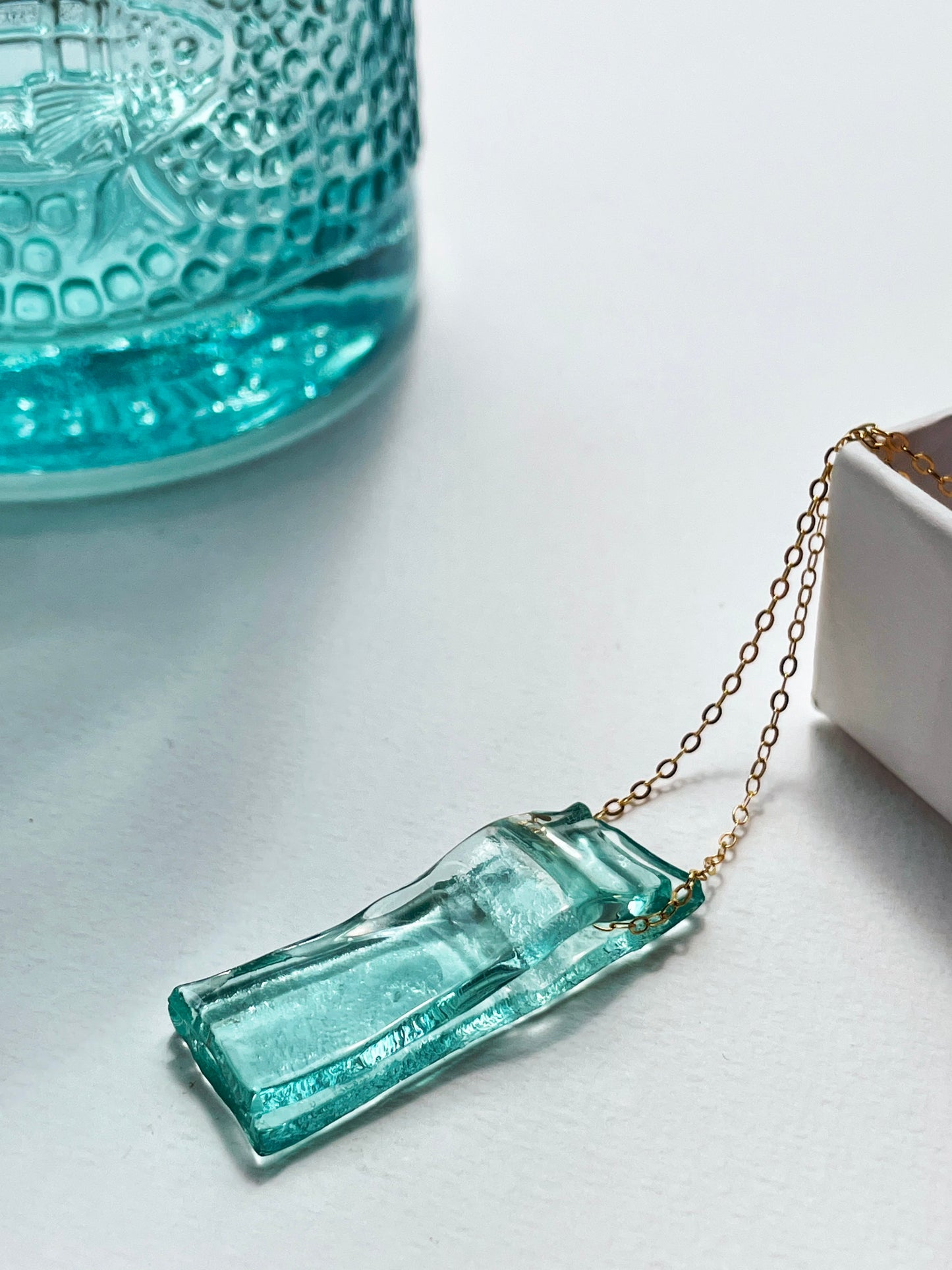 Recycled Gin Bottle Glass Pendant Necklace with 14k Gold Filled Chain | Handmade and Sustainable