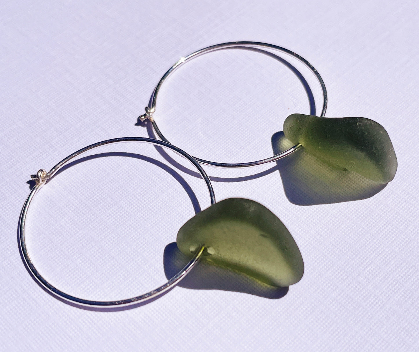 Jade Green Sea-Glass Hoop Earrings with 925 Sterling Silver | Handmade and Unique