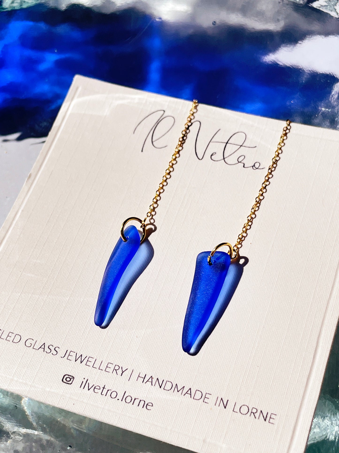 Cobalt Blue Sea-Glass Drop Earrings with 14k Gold Filled Threads | Handmade and Unique