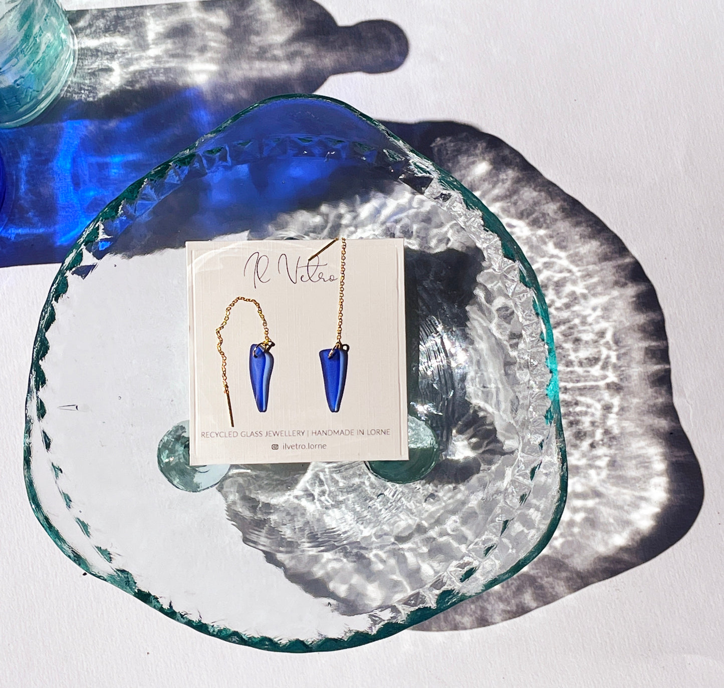 Cobalt Blue Sea-Glass Drop Earrings with 14k Gold Filled Threads | Handmade and Unique