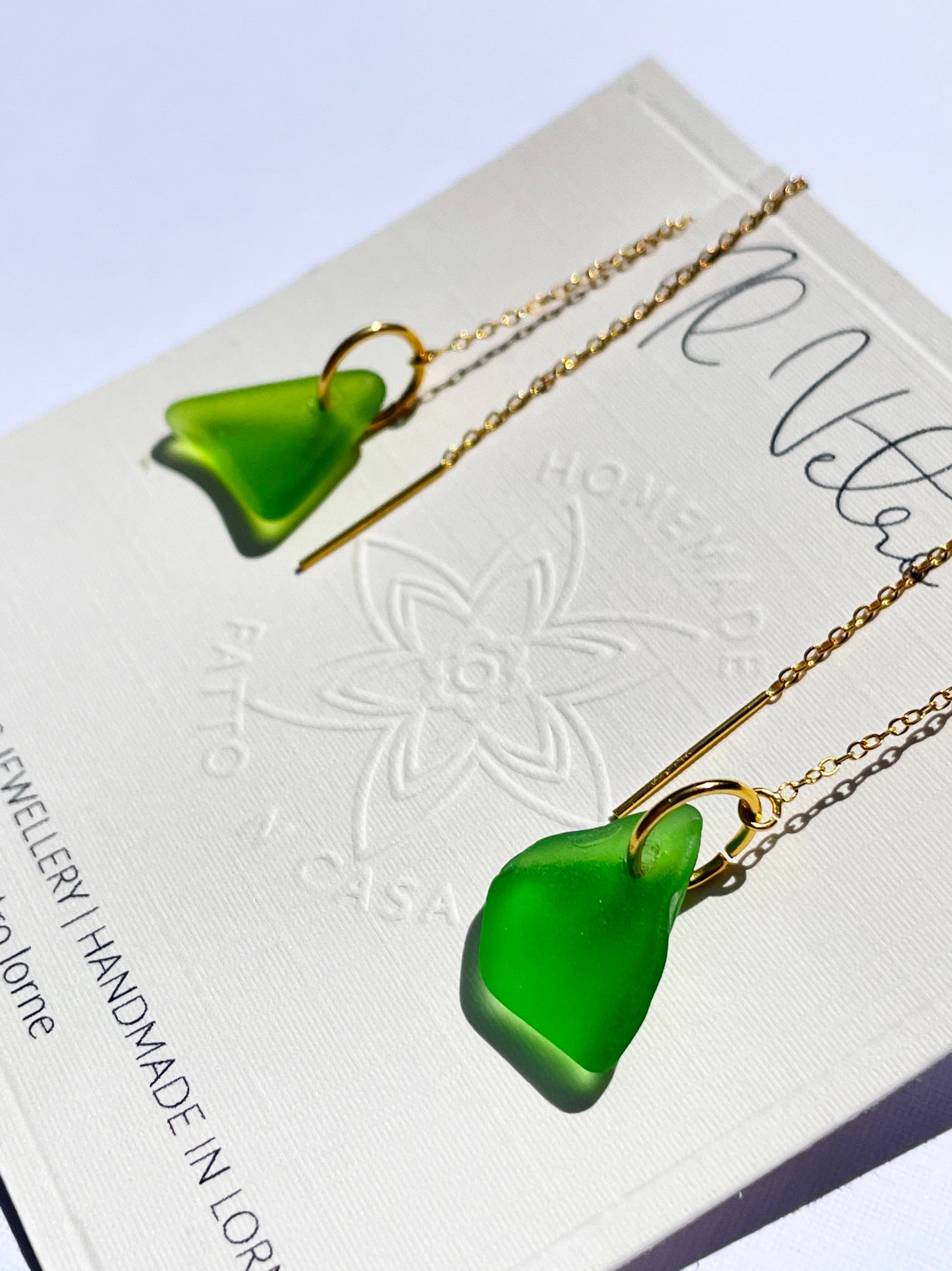 Kelly Green Sea-Glass Drop Earrings with 14k Gold Filled Threads | Handmade and Unique