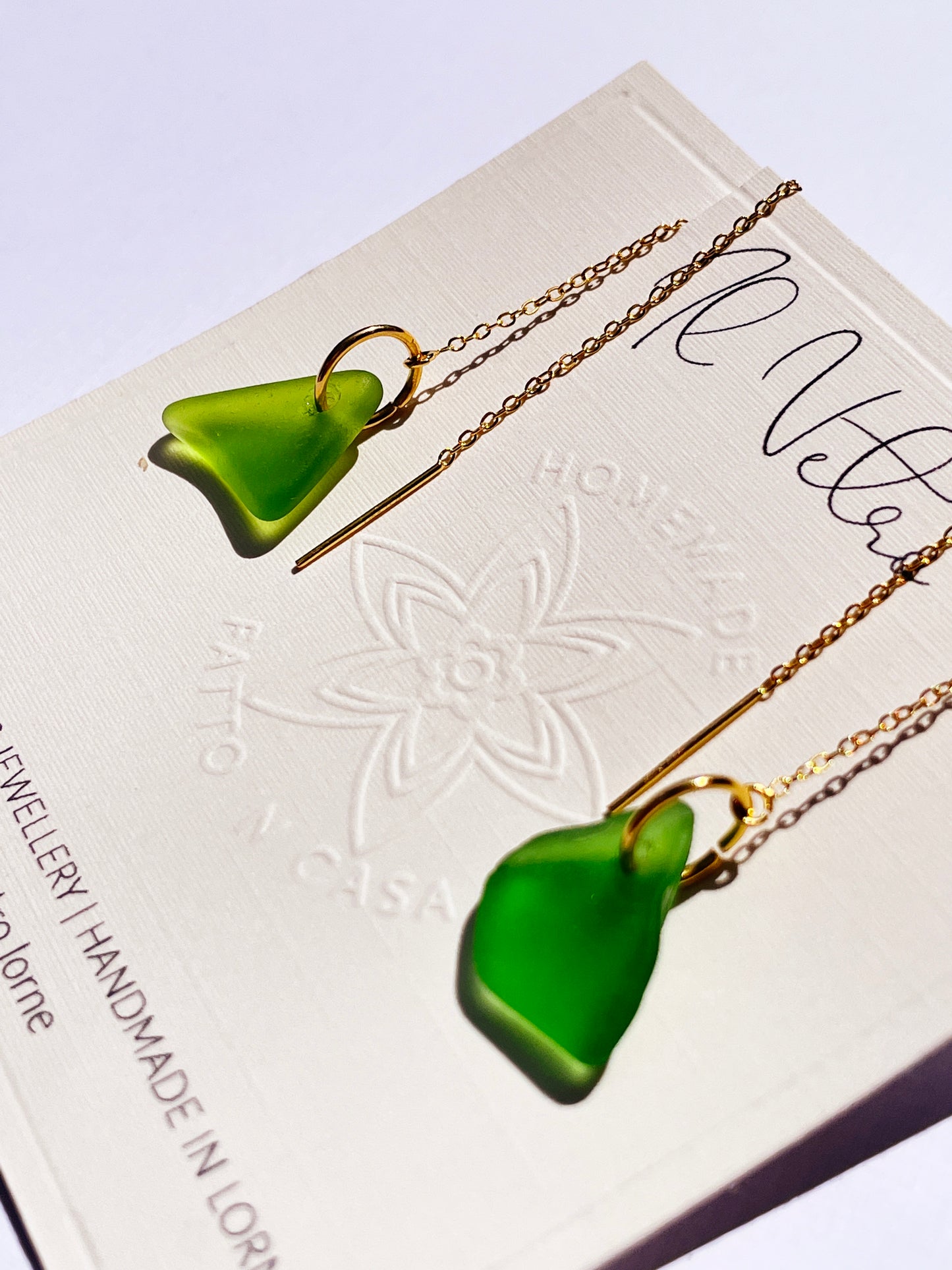 Kelly Green Sea-Glass Drop Earrings with 14k Gold Filled Threads | Handmade and Unique