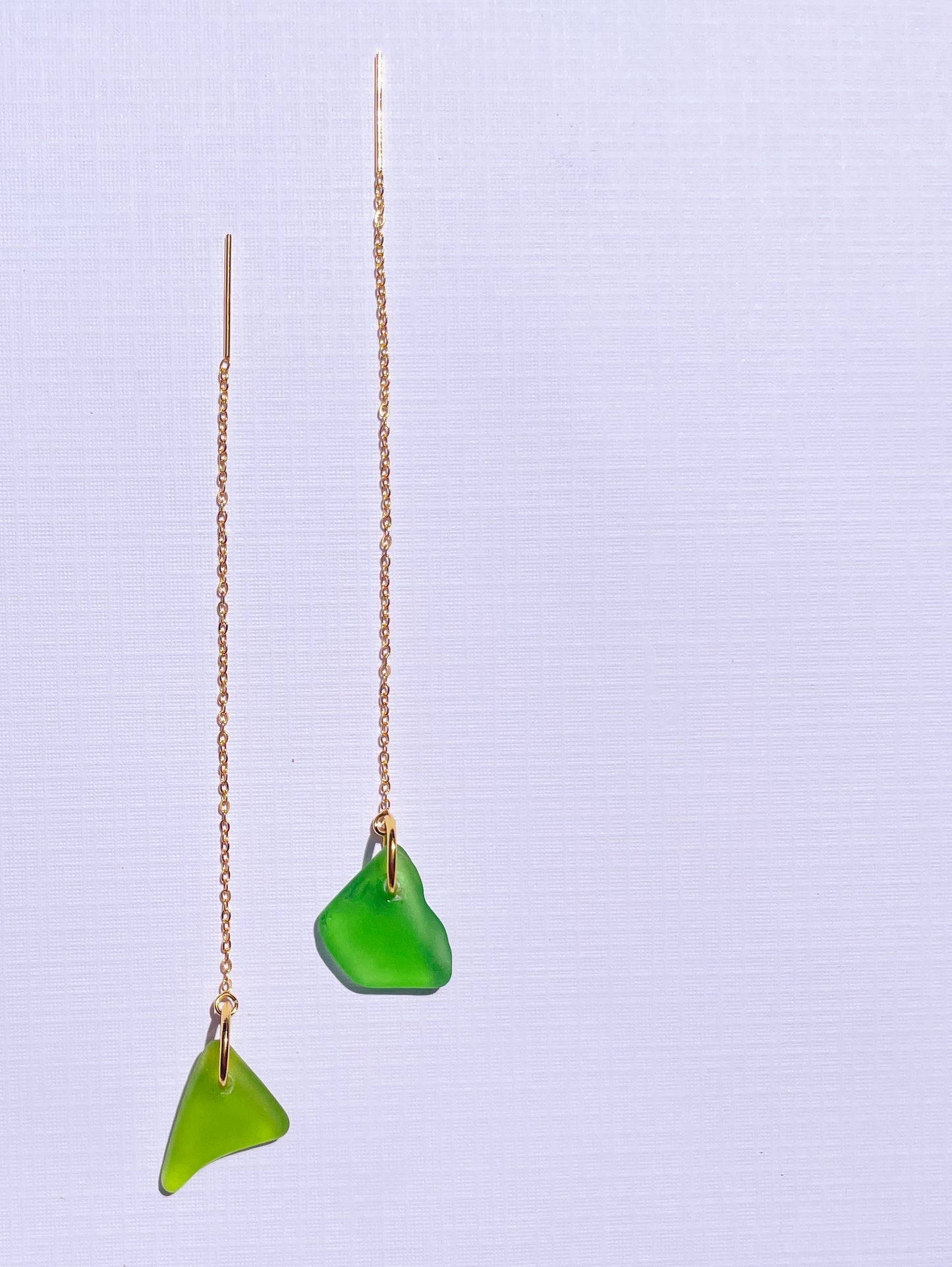 Kelly Green Sea-Glass Drop Earrings with 14k Gold Filled Threads | Handmade and Unique