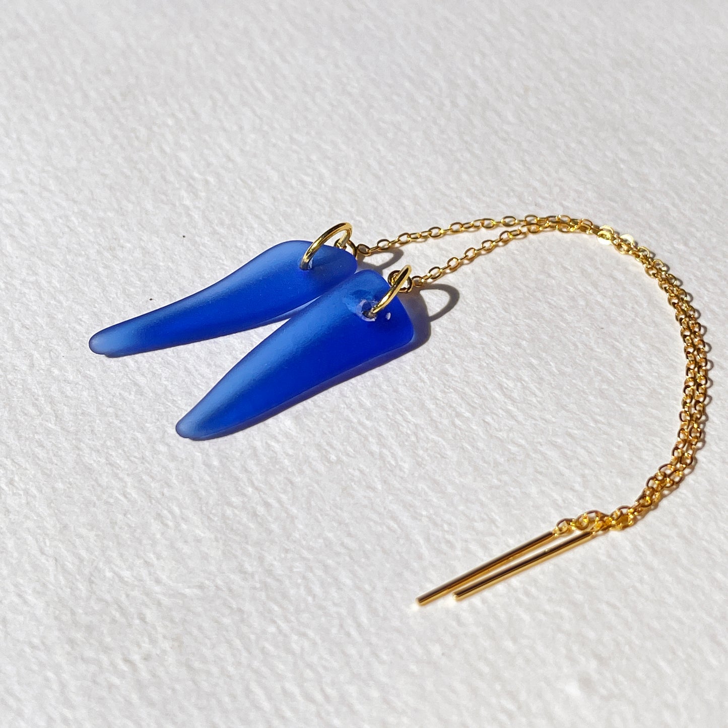 Cobalt Blue Sea-Glass Drop Earrings with 14k Gold Filled Threads | Handmade and Unique