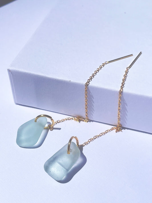 Sea-Foam Sea-Glass Drop Earrings with 14k Gold Filled Threads | Handmade and Unique