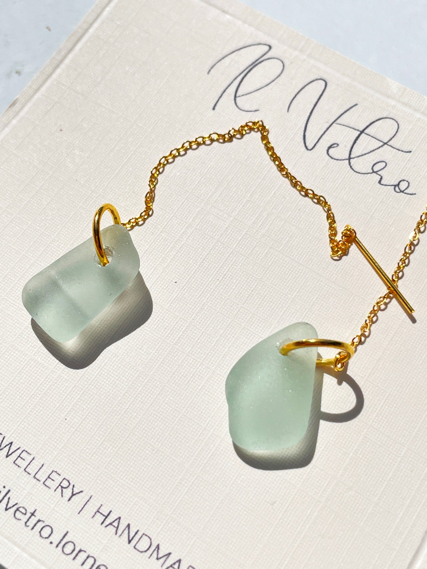 Sea-Foam Sea-Glass Drop Earrings with 14k Gold Filled Threads | Handmade and Unique