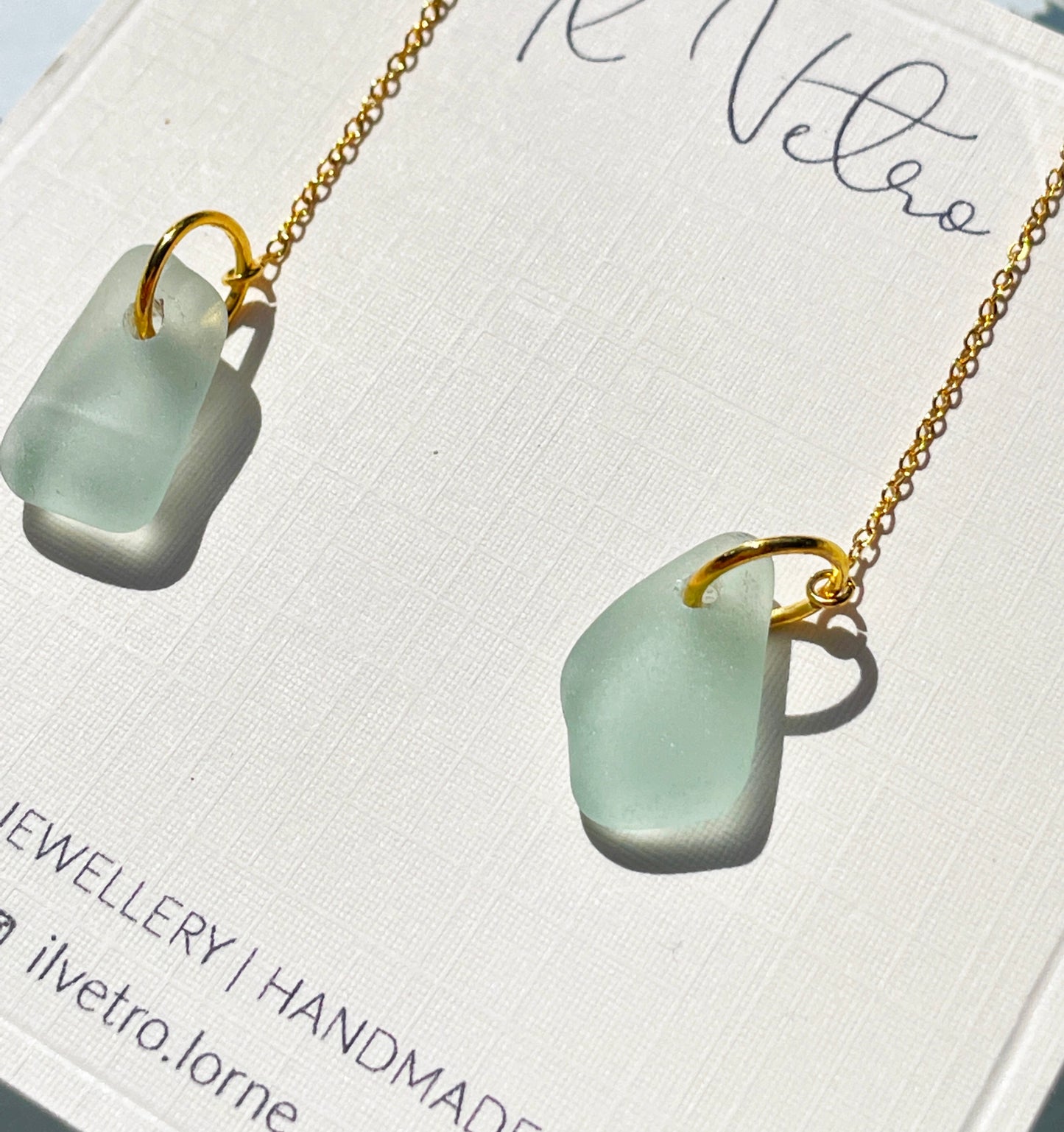 Sea-Foam Sea-Glass Drop Earrings with 14k Gold Filled Threads | Handmade and Unique